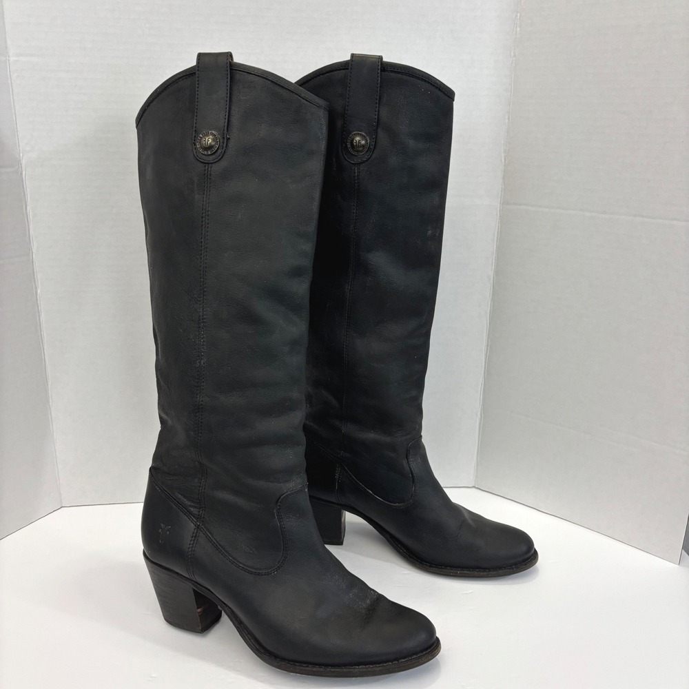 Frye 76575 Tall Jackie Button Black Leather Boot Size 8 B Pull on Heel Riding 8B